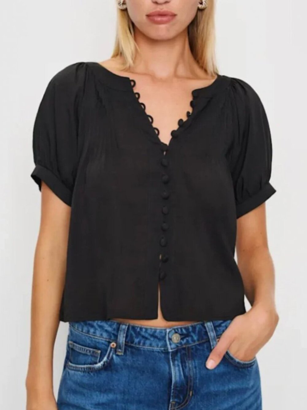 BEST Reformation Calia Top Large Black Noir French Blouse Causal Classic